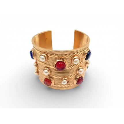 RARE BRACELET MANCHETTE CHANEL BYZANTIN GRIPOIX 1970 DORE PIERRES PERLES BANGLE