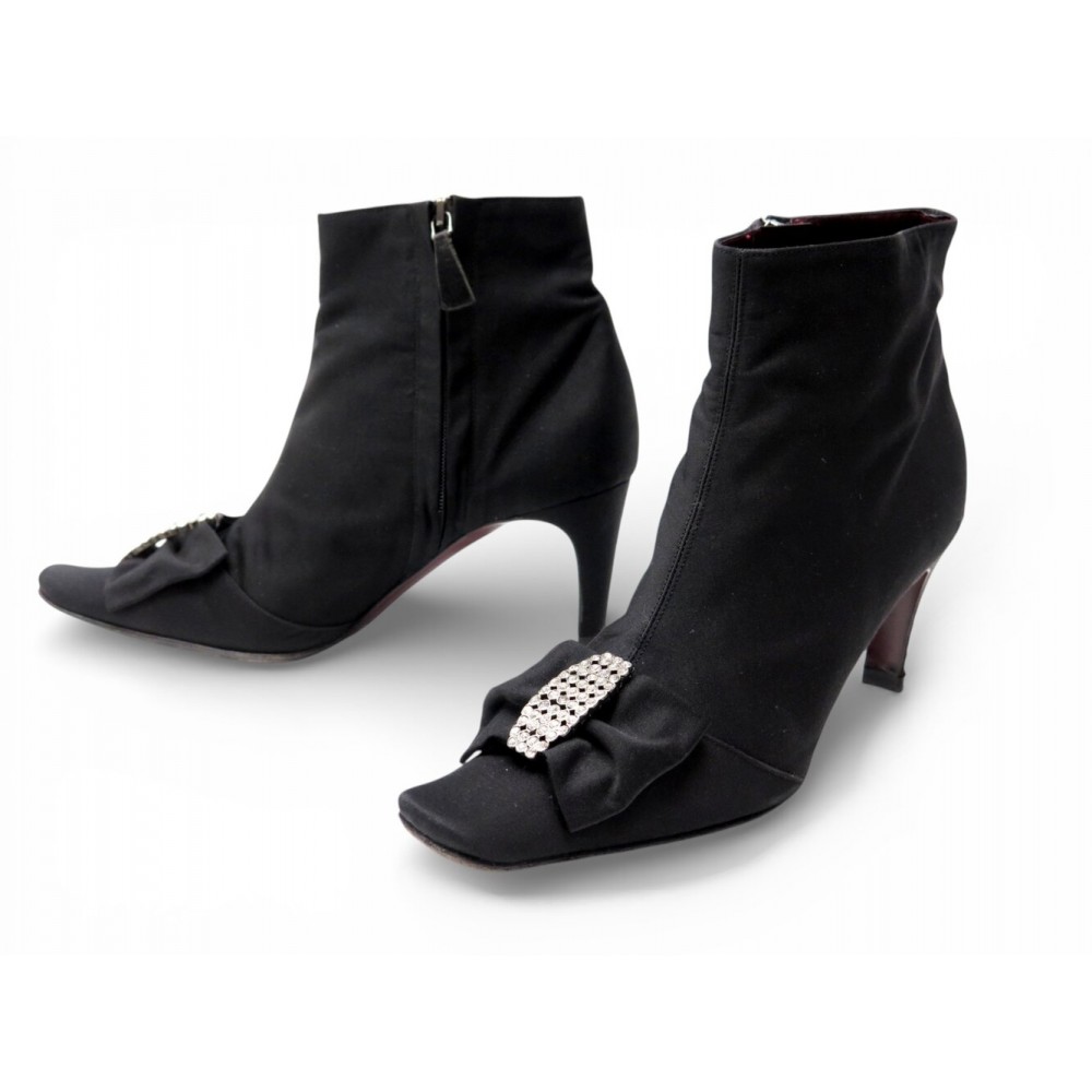 CHAUSSURES BOTTINES CHANEL 37 NOEUD ORNE DE STRASS BOOTS SATIN NOIR SHOES 1700€