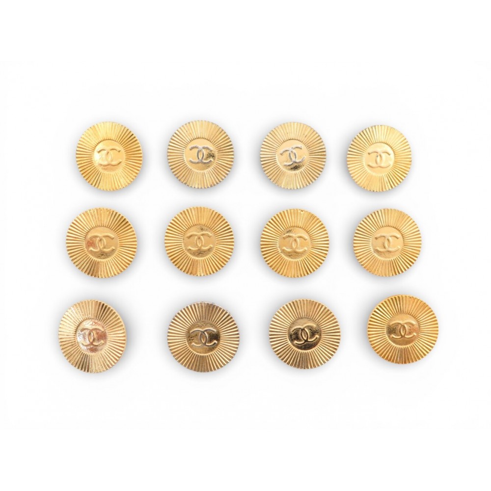 VINTAGE LOT DE 12 BOUTONS CHANEL LOGO CC STRIES METAL DORE VESTE MANTEAU BUTTONS
