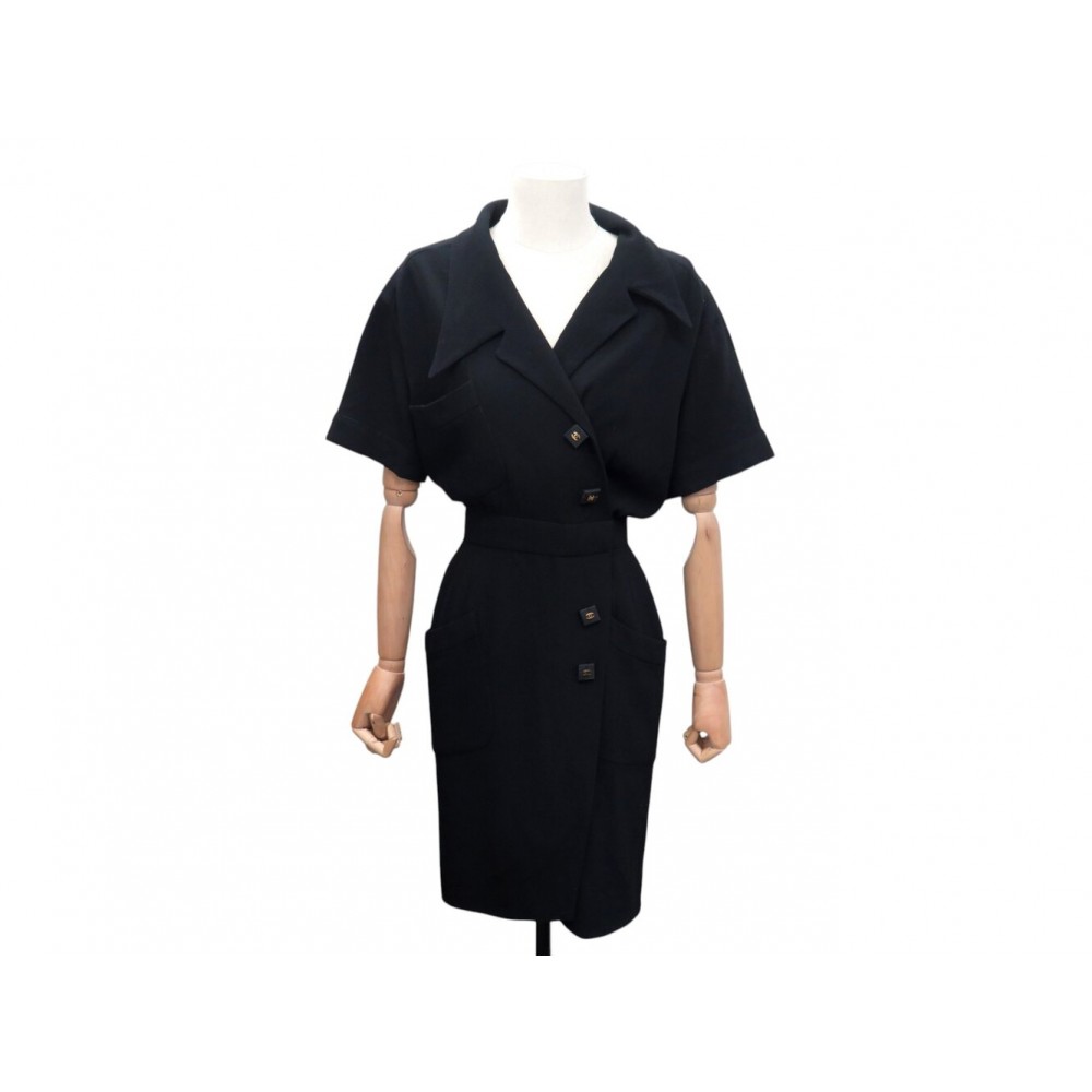 NEUF ROBE MANTEAU CHANEL BOUTONS LOGO CC 38 M EN LAINE NOIR NEW WOOL DRESS 6500€