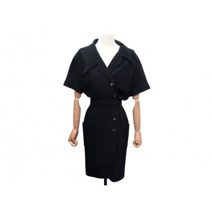 NEUF ROBE MANTEAU CHANEL BOUTONS LOGO CC 38 M EN LAINE NOIR NEW WOOL DRESS 6500€