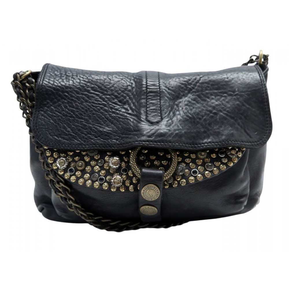 NEUF SAC A MAIN CAMPOMAGGI FLAVIA BANDOULIERE CUIR GRAINE NOIR CLOUTE PURSE 415€