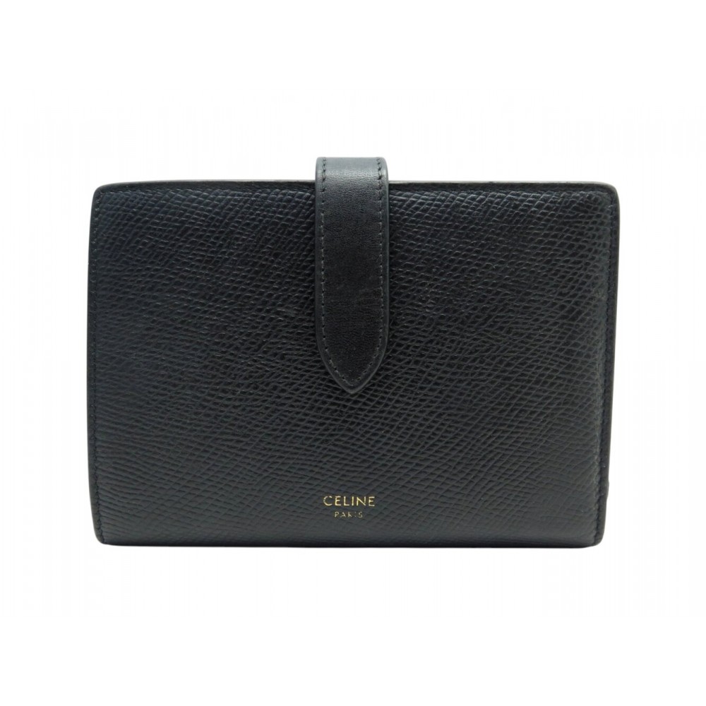 PORTEFEUILLE CELINE 10B643 LARGE STRAP WALLET EN CUIR GRAINE NOIR MONNAIE 650€