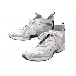 CHAUSSURES BASKETS HERMES ACTION H201103Z 38 TOILE CUIR GRIS BLANC SNEAKERS 895€