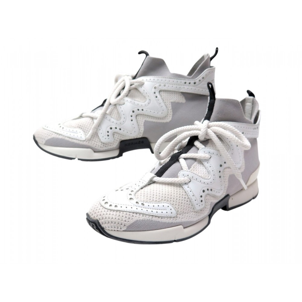 CHAUSSURES BASKETS HERMES ACTION H201103Z 38 TOILE CUIR GRIS BLANC SNEAKERS 895€