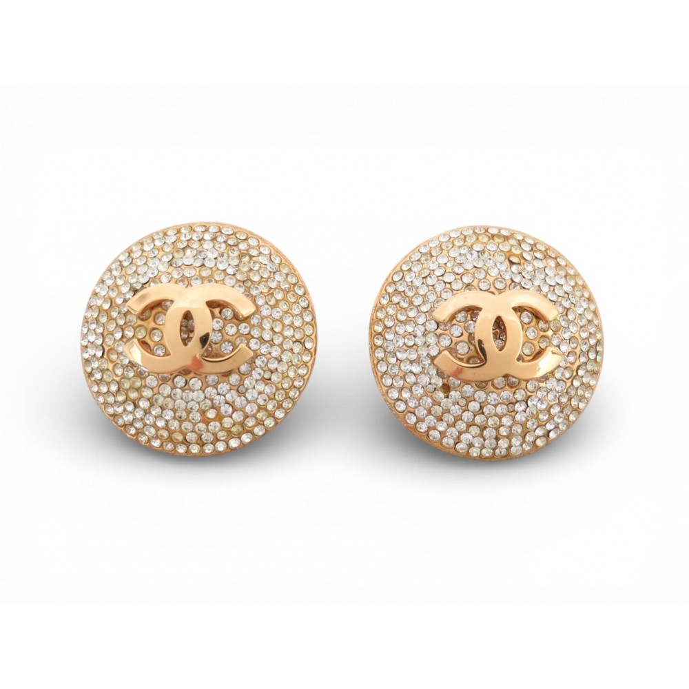 VINTAGE BOUCLES D'OREILLES CHANEL PUCES RONDES LOGO CC STRASS METAL DORE EARRING