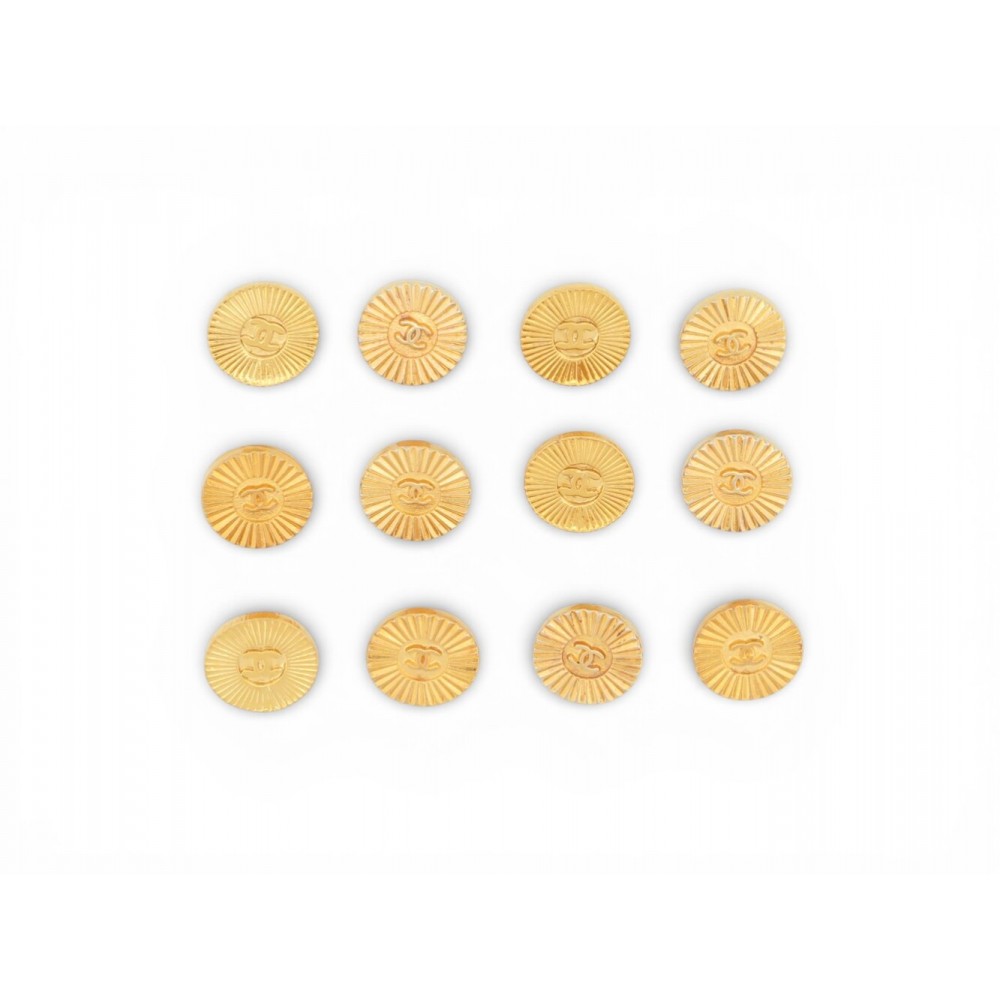 VINTAGE LOT DE 12 BOUTONS CHANEL LOGO CC STRIES METAL DORE VESTE MANTEAU BUTTONS