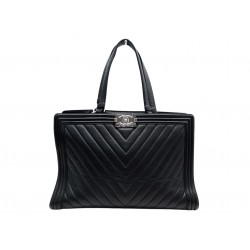 SAC A MAIN CHANEL CABAS BOY EN CUIR CHEVRON NOIR ATTRIBUTS ARGENT TOTE BAG 6500€