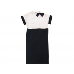 VINTAGE ROBE CHANEL NOEUD SOIE NOIRE BLANCHE 36 S BOUTONS PERLE SILK DRESS 6100€