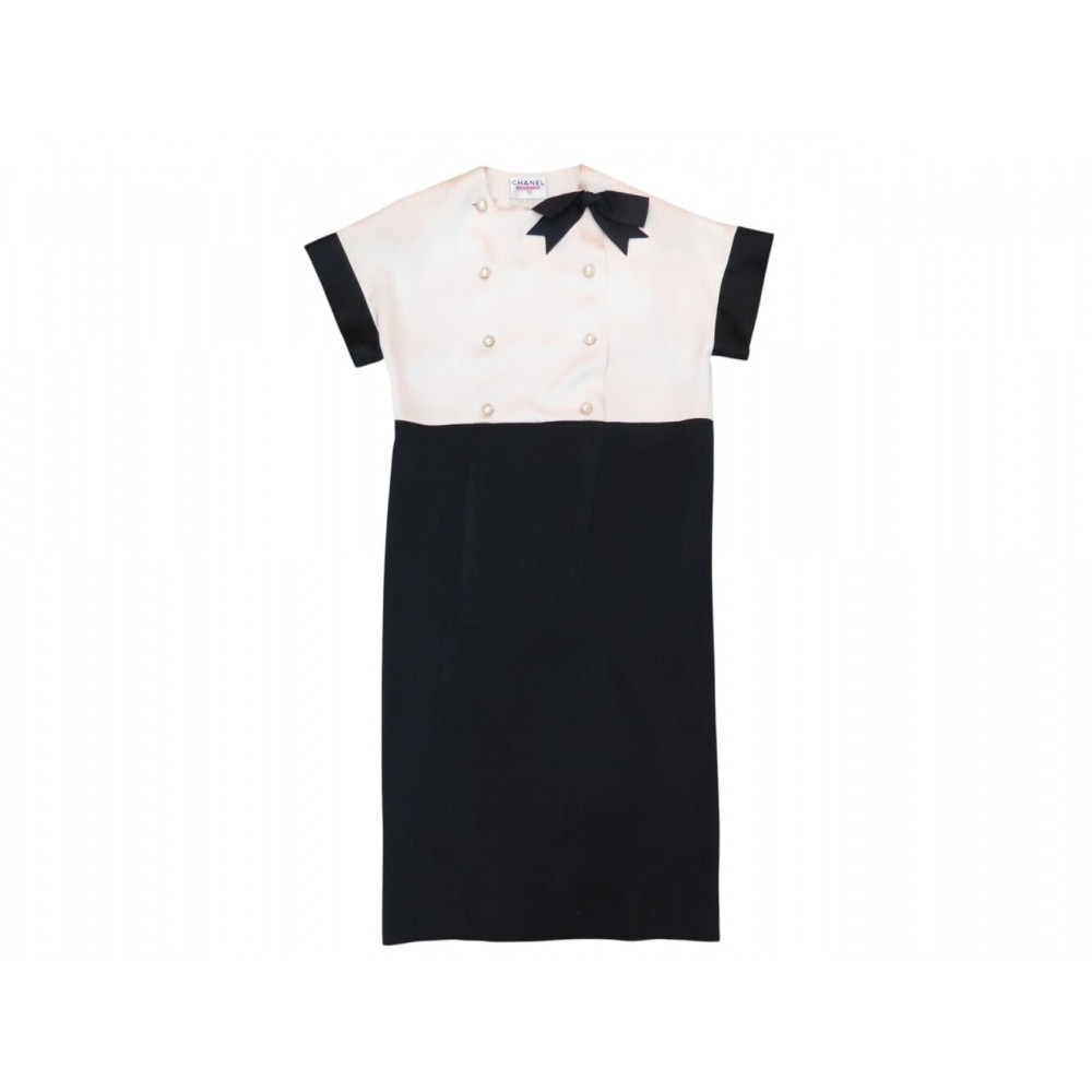 VINTAGE ROBE CHANEL NOEUD SOIE NOIRE BLANCHE 36 S BOUTONS PERLE SILK DRESS 6100€