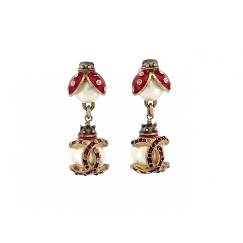 NEUF BOUCLES D'OREILLES CHANEL LOGO CC COCCINELLE EMAIL LADY BUG EARRINGS 750€