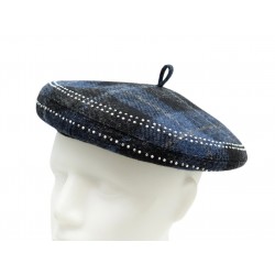 NEUF BERET CHRISTIAN DIOR T55 PERLES & STRASS LAINE TARTAN BLEU WOOL HAT 790€