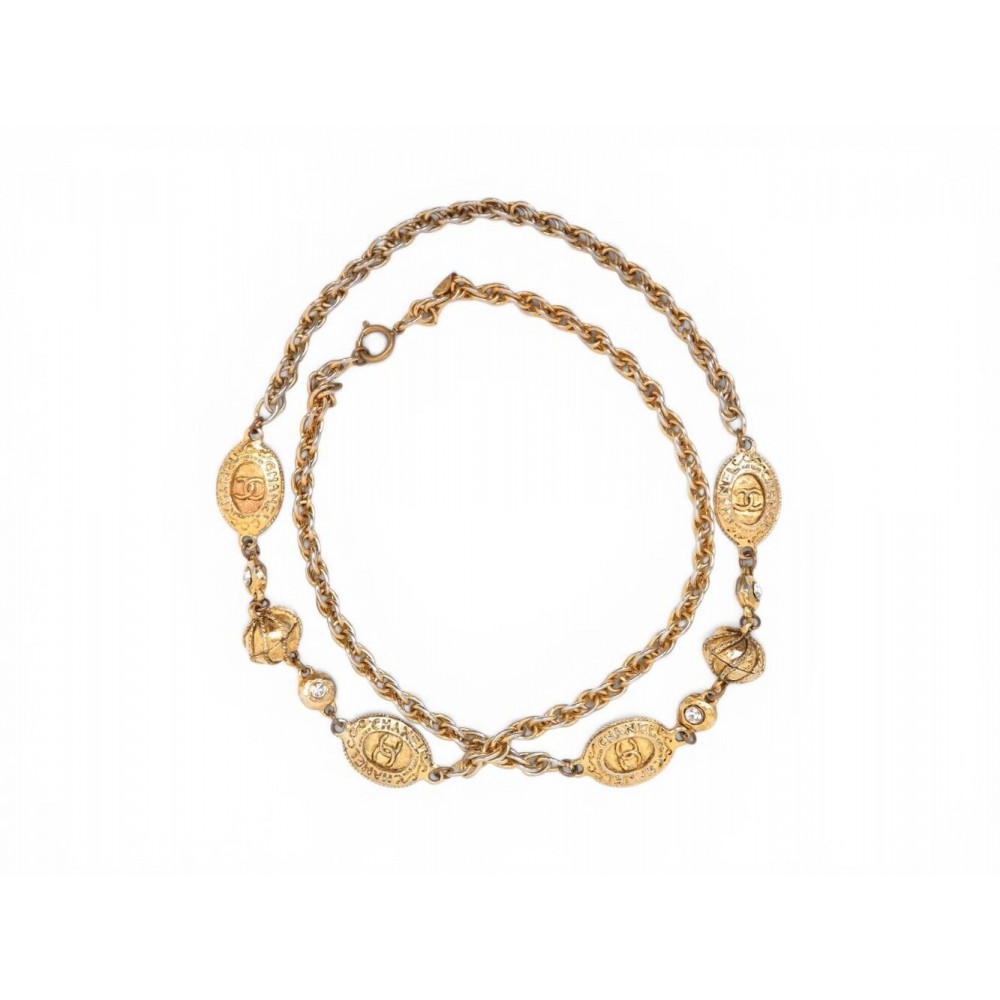 VINTAGE COLLIER CHANEL SAUTOIR MEDAILLONS LOGO CC STRASS & METAL DORE NECKLACE