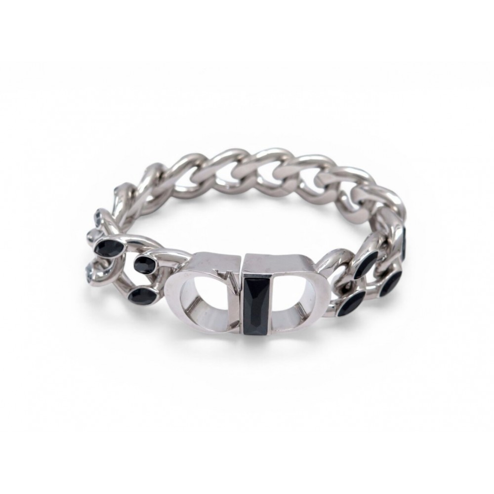 NEUF BRACELET DIOR GOURMETTE LOGO CD STRASS B1664A CHAINE METAL ARGENTE 490€