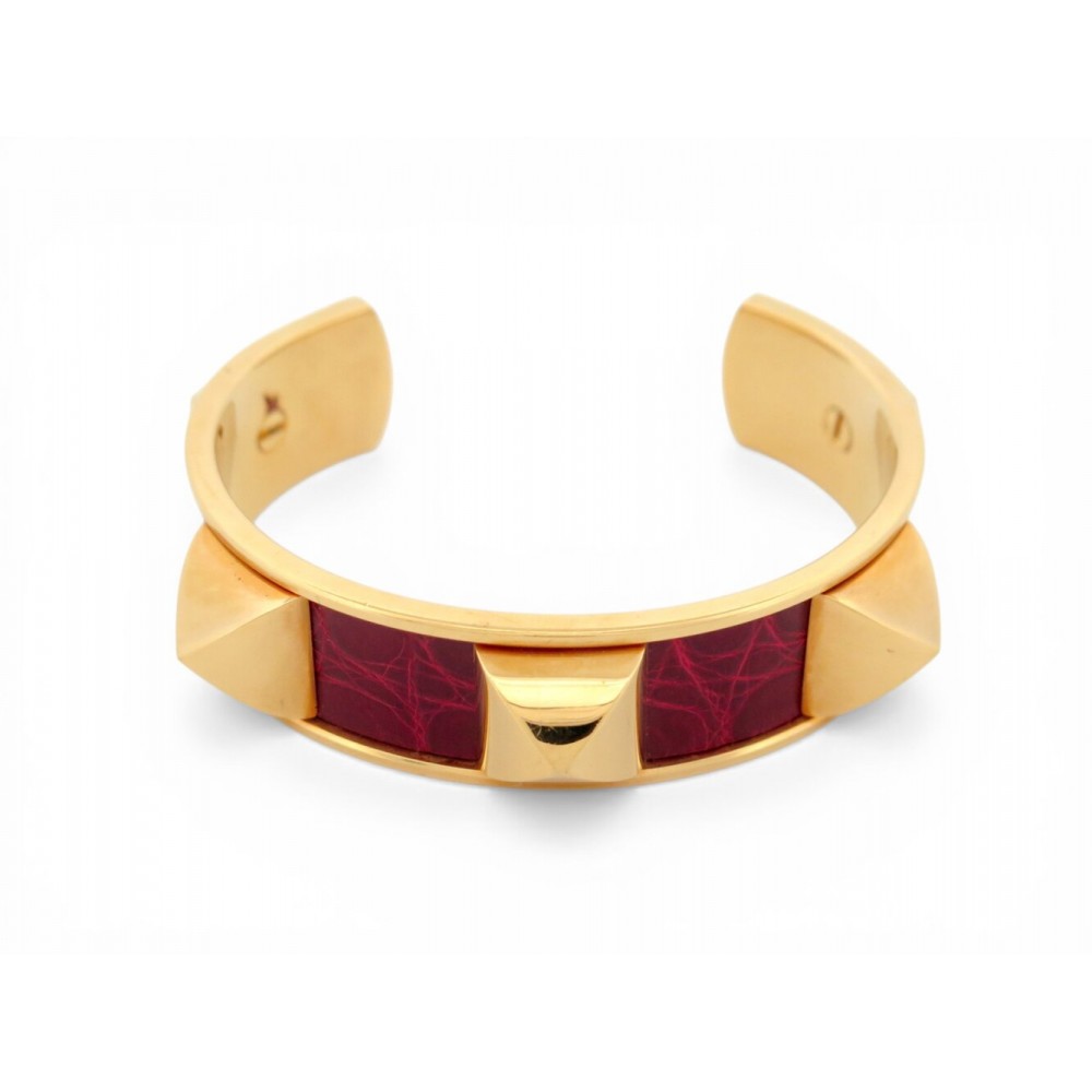 BRACELET HERMES MEDOR T 16 CM EN PLAQUE OR & CUIR DE CROCODILE ROUGE CUFF BANGLE