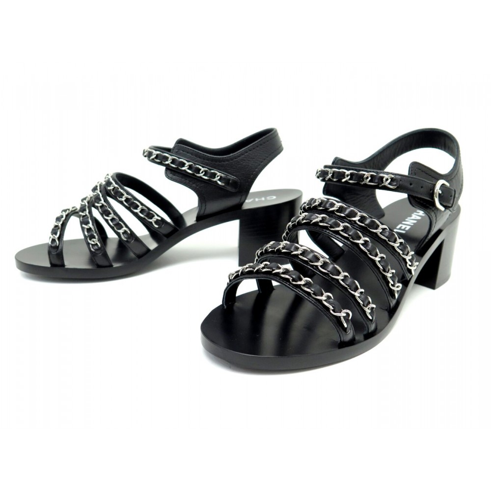 NEUF CHAUSSURES CHANEL SANDALES G35459 CHAINE ENTRELACEE 37.5 CUIR SHOES 1550€