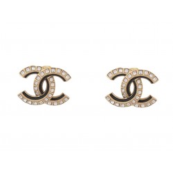 NEUF BOUCLES D'OREILLES CHANEL LOGO CC STRASS PUCES EN METAL DORE EARRINGS 700€