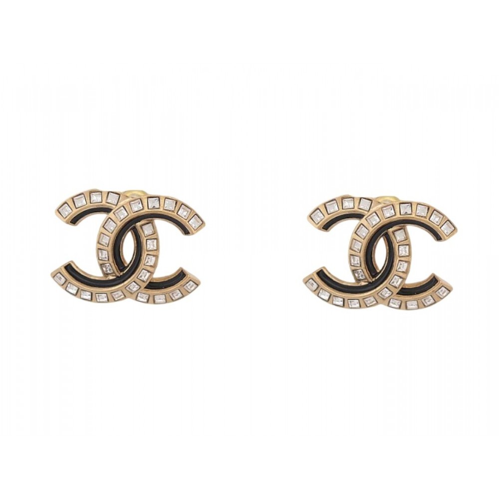 NEUF BOUCLES D'OREILLES CHANEL LOGO CC STRASS PUCES EN METAL DORE EARRINGS 700€