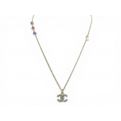 NEUF COLLIER CHANEL LOGO CC STRASS PERLES MULTICOLORES 59.5CM DORE NECKLACE 830€