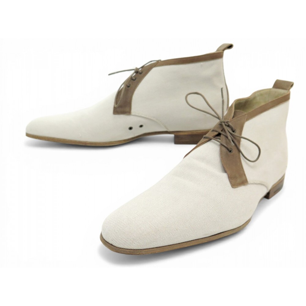 CHAUSSURES HERMES CHRIS BOTTINES CHUKKA EN TOILE H & CUIR 44 BOITE BOOTS 1200€