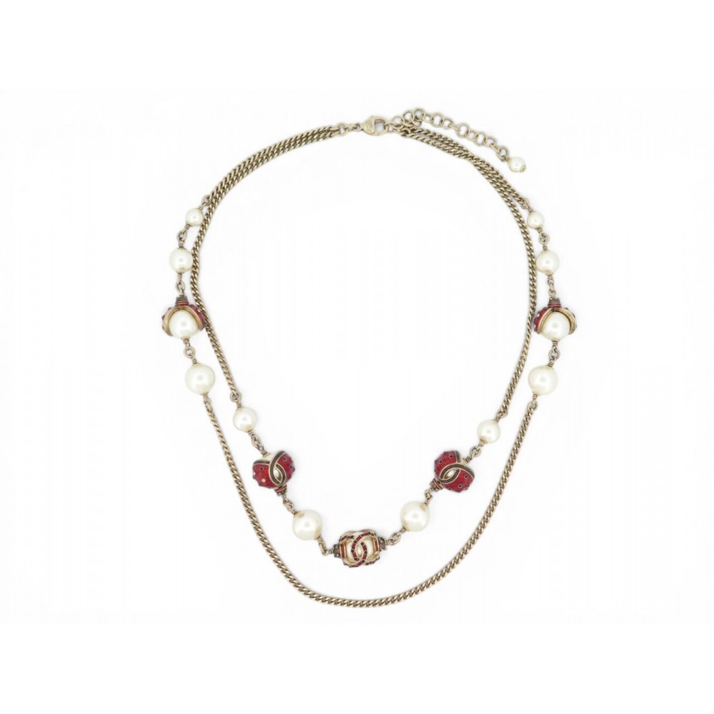 NEUF COLLIER CHANEL LOGO CC COCCINELLE PERLES EMAIL ROUGE LADYBUG NECKLACE 1690€