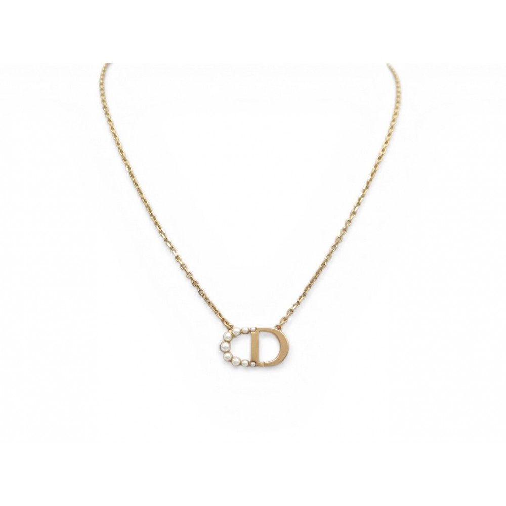 NEUF COLLIER DIOR 30 MONTAIGNE LOGO CD EN PERLES EN METAL DORE NECKLACE 460€