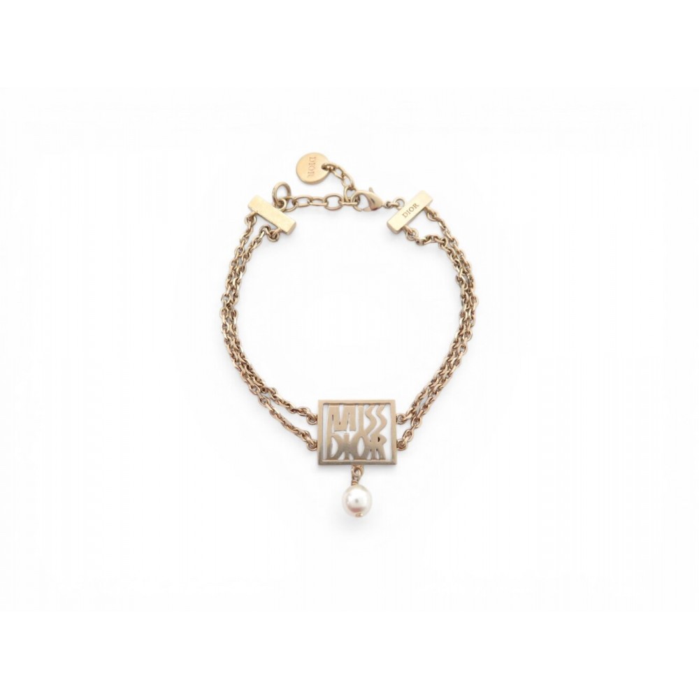 NEUF BRACELET CHRISTIAN MISS DIOR PERLE EN METAL PLAQUE OR GOLDEN BANGLE 500€