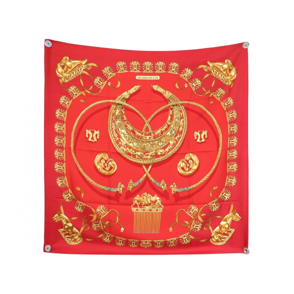 FOULARD HERMES LES CAVALIERS D'OR 1ERE EDITION CARRE 90 EN SOIE ROUGE SCARF 580€