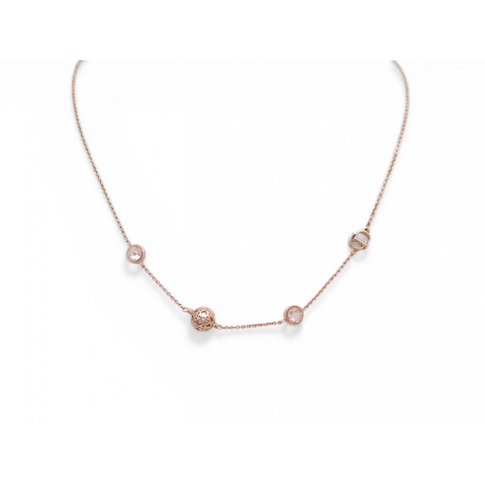 NEUF COLLIER CHRISTIAN DIOR SPHERE CANNAGE LOGO CD STRASS METAL DORE ROSE 580€