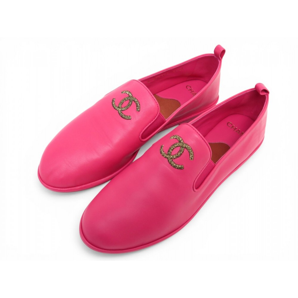 NEUF CHAUSSURES CHANEL G36365 37.5 MOCASSINS LOGO CC EN CUIR ROSE SLIPPERS 1450€