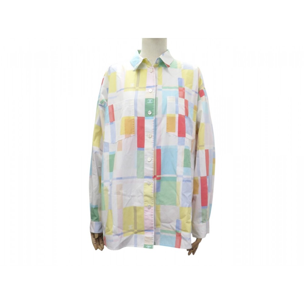 NEUF VINTAGE CHEMISE CHANEL 1999 A CARREAUX MULTICOLORE LOGO CC 38 M SHIRT 3200€