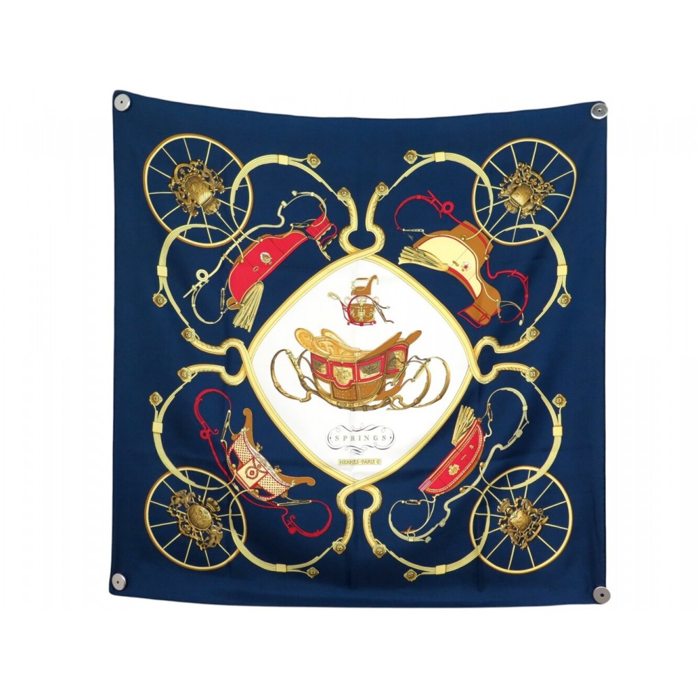 FOULARD HERMES SPRINGS PHILIPPE LEDOUX CARRE 90 EN SOIE BLEU + BOITE SCARF 580€