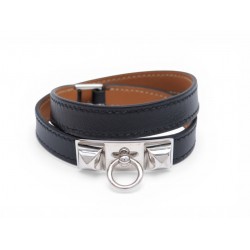 NEUF BRACELET HERMES RIVALE DOUBLE TOUR 18CM CUIR SWIFT NOIR & BOUCLE MEDOR 755€