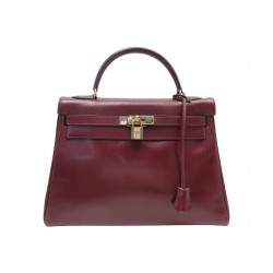 VINTAGE SAC A MAIN HERMES KELLY 32 RETOURNE 1955 EN CUIR BOX BORDEAUX BAG PURSE