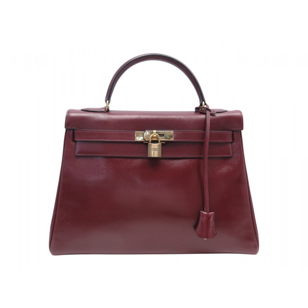 VINTAGE SAC A MAIN HERMES KELLY 32 RETOURNE 1955 EN CUIR BOX BORDEAUX BAG PURSE