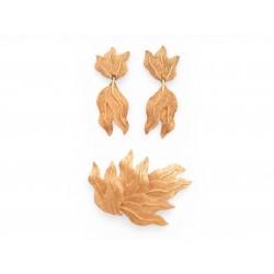 VINTAGE PARURE LANVIN BROCHE ET BOUCLES D'OREILLES FEUILLES METAL DORE EARRINGS