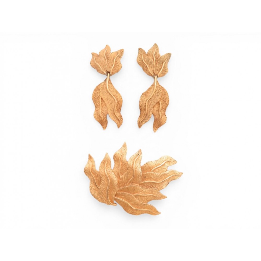 VINTAGE PARURE LANVIN BROCHE ET BOUCLES D'OREILLES FEUILLES METAL DORE EARRINGS