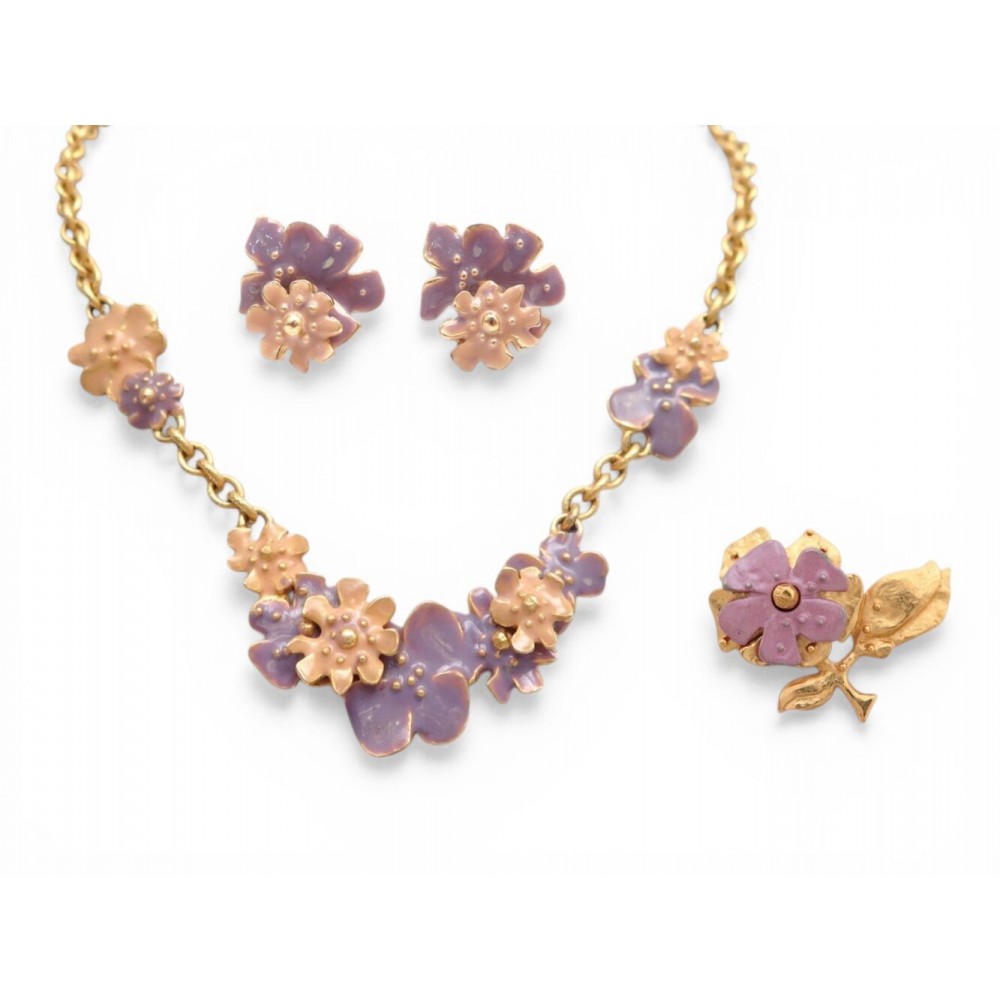 VINTAGE PARURE JEAN LOUIS SCHERRER COLLIER + BOUCLES D'OREILLES + BROCHE EMAIL