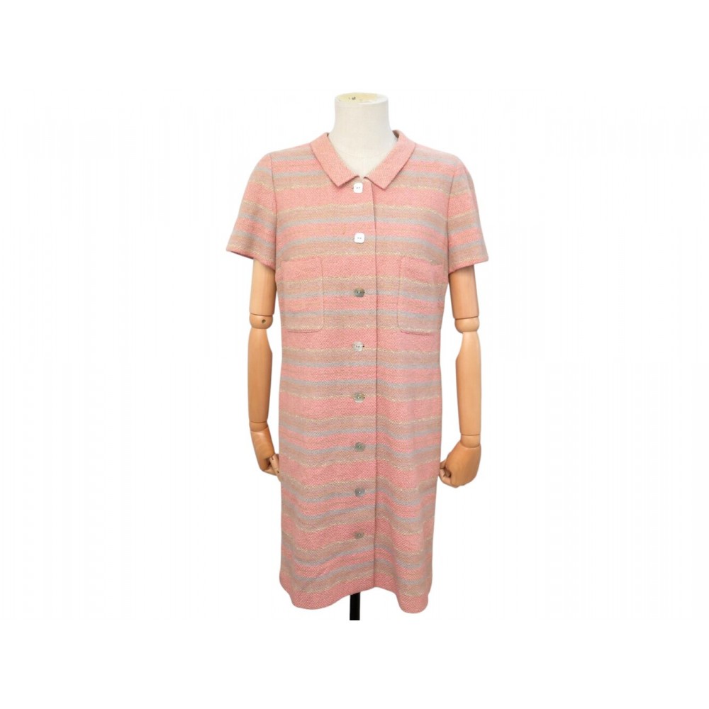 NEUF VINTAGE ROBE BLOUSE CHANEL BOUTON NACRE P14945 L 42 LAINE ROSE DRESS 4890€