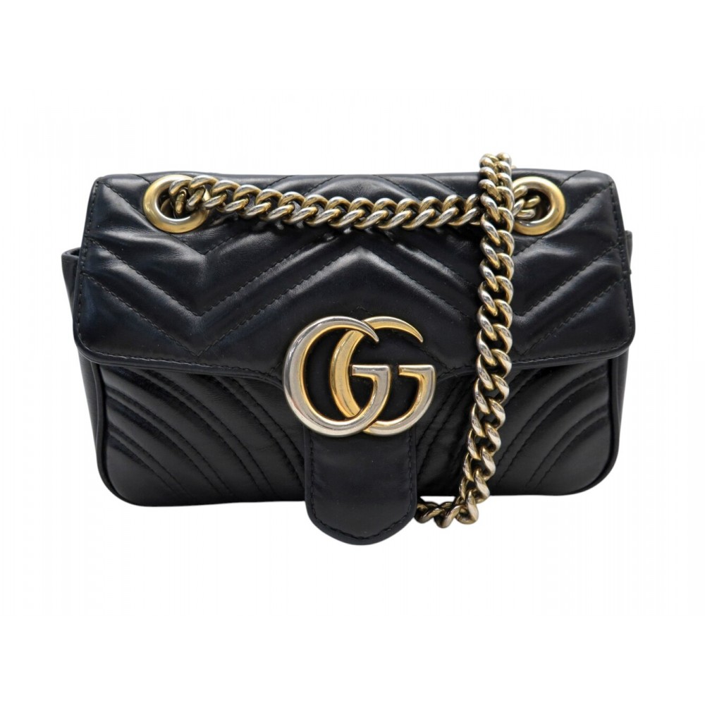 SAC A MAIN GUCCI MARMONT GG PM 446744 CUIR NOIR BANDOULIERE PURSE HAND BAG 2100€