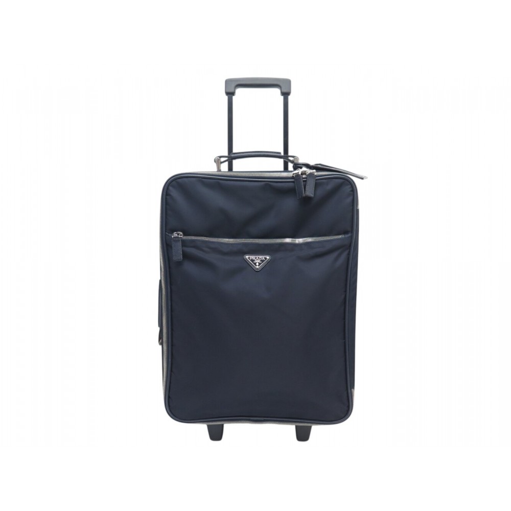 VALISE CABINE PRADA TROLLEY VV0030 TOILE NYLON CUIR SAFFIANO BLEU LUGGAGE 2950€