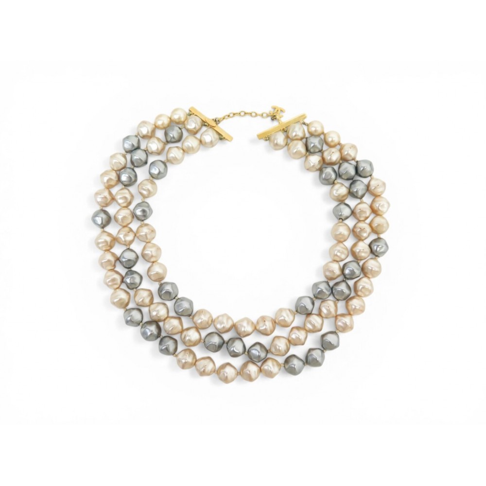 VINTAGE COLLIER CHANEL 3 RANGS DE PERLES NACRE & GRISES 1995 PEARLS NECKLACE