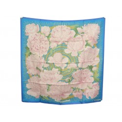 NEUF FOULARD HERMES LES PIVOINES VAUZELLES CARRE 90 SOIE BLEU SILK SCARF 580€