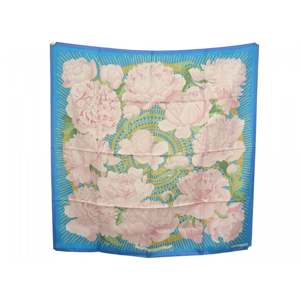 NEUF FOULARD HERMES LES PIVOINES VAUZELLES CARRE 90 SOIE BLEU SILK SCARF 580€