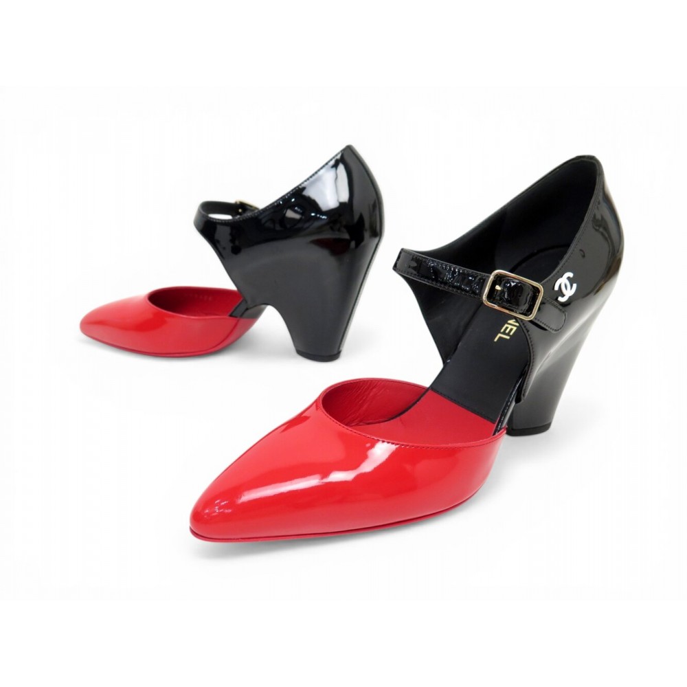 NEUF CHAUSSURES CHANEL MARY JANES A TALONS G35425 38 EN CUIR VERNIS SHOES 1250€