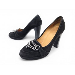 CHAUSSURES HERMES CHAINE 36 ESCARPINS EN DAIM VEAU VELOURS NOIR PUMP SHOES 980€