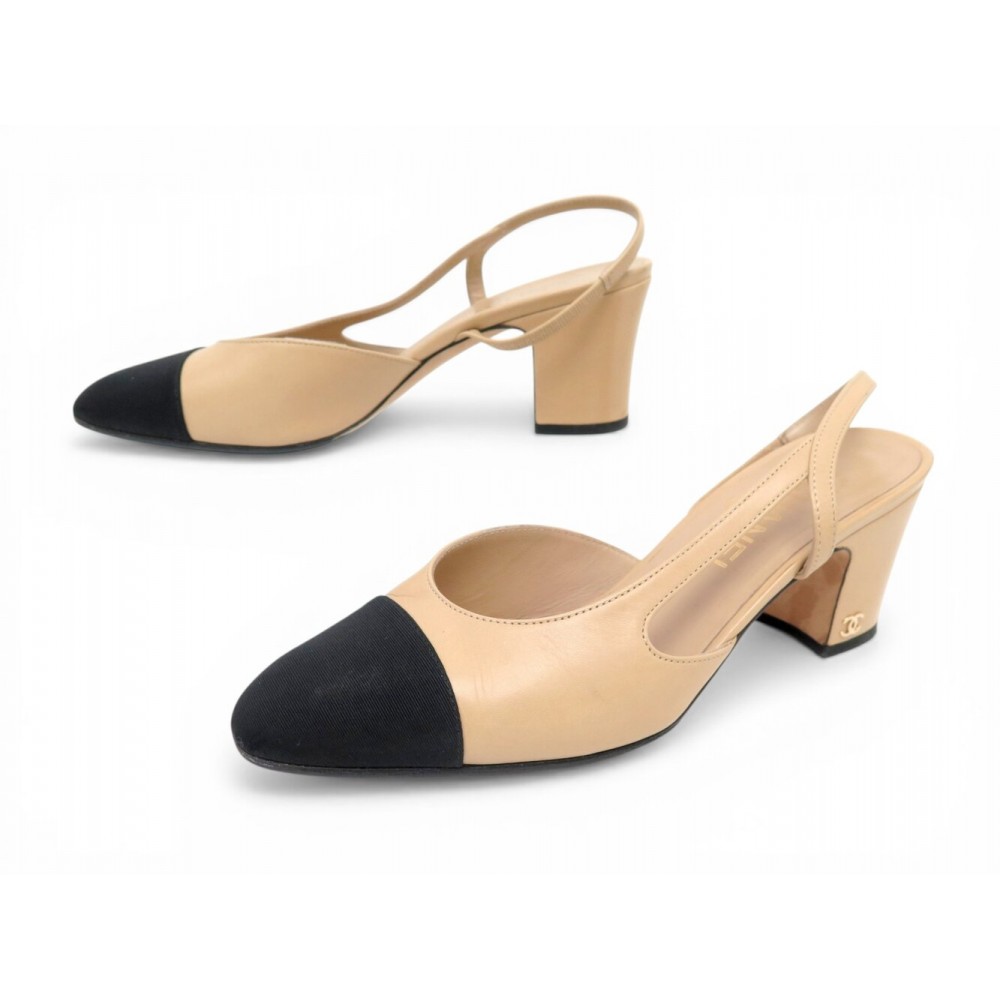 CHAUSSURES CHANEL ESCARPINS SLINGBACKS G31318 37.5 SANDALE CUIR BEIGE NOIR 1060€