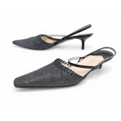 CHAUSSURES CHANEL SANDALES SLINGBACK 40 CUIR GRIS BOITE GREY LEATHER SHOES 1150€