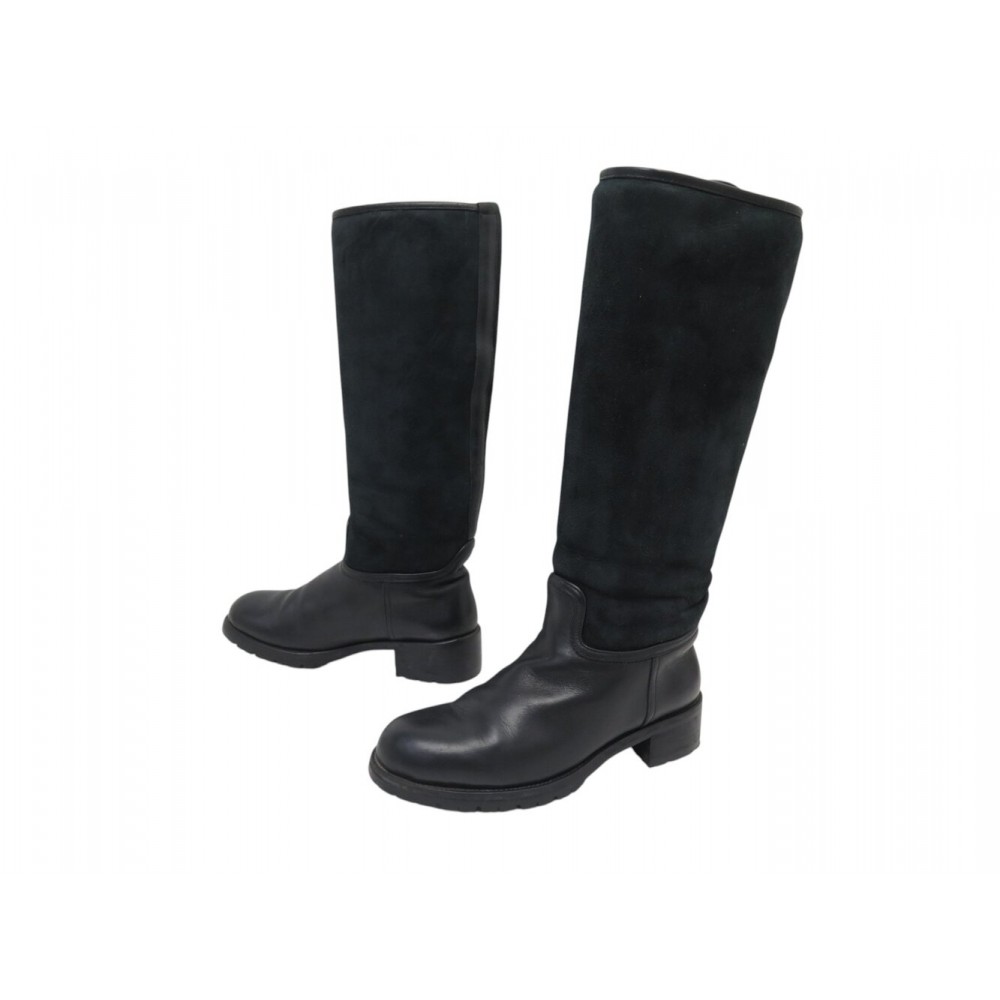 CHAUSSURES HERMES BOTTES 36 CAVALIERES EN CUIR NOIR & DAIM FOURREES BOOTS 2450€