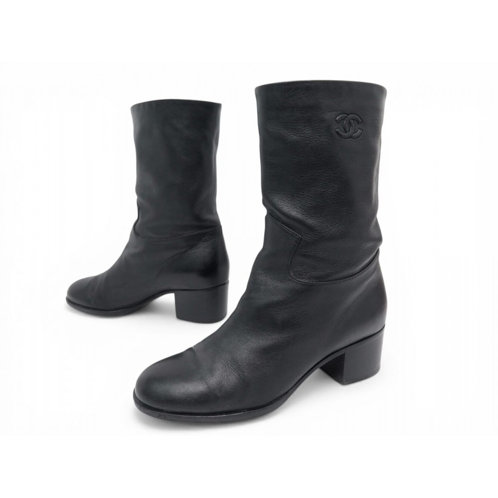 CHAUSSURES CHANEL BOTTINES A TALONS LOGO CC EN CUIR NOIR 36.5 BOOTS SHOES 1550€